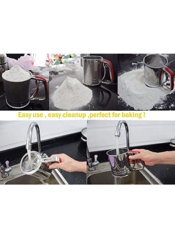 zoba Stainless steel flour and sugar sieve with two layers - with a one-hand silicone squeeze handle (red color) - Image 3