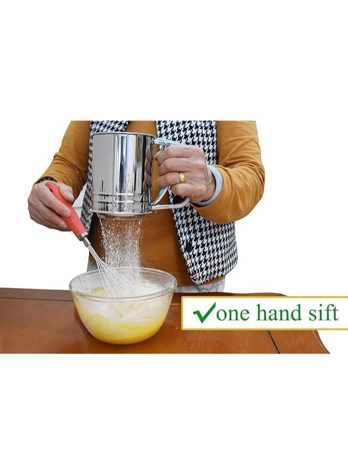 zoba Stainless steel flour and sugar sieve with two layers - with a one-hand silicone squeeze handle (red color) - Image 2