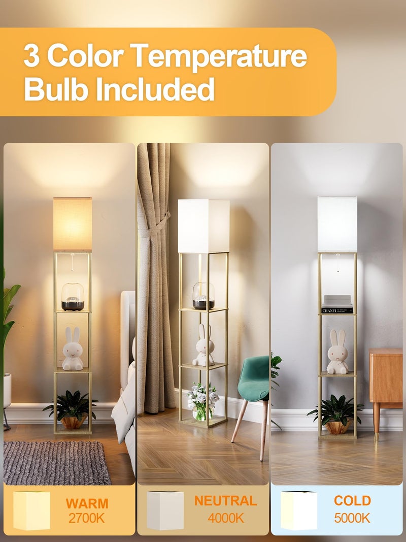 PARTPHONER Floor Lamp with Shelves for Living Room Natural Wood, Shelf Floor Lamp with 3 CCT LED Bulb, Corner Display Standing Column Lamp Etagere Organizer Tower Nightstand with White Linen Shade for Bedroom - Image 3