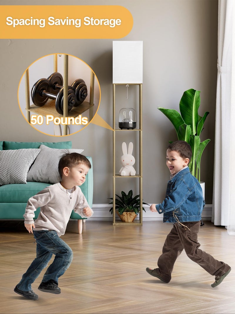 PARTPHONER Floor Lamp with Shelves for Living Room Natural Wood, Shelf Floor Lamp with 3 CCT LED Bulb, Corner Display Standing Column Lamp Etagere Organizer Tower Nightstand with White Linen Shade for Bedroom - Image 5
