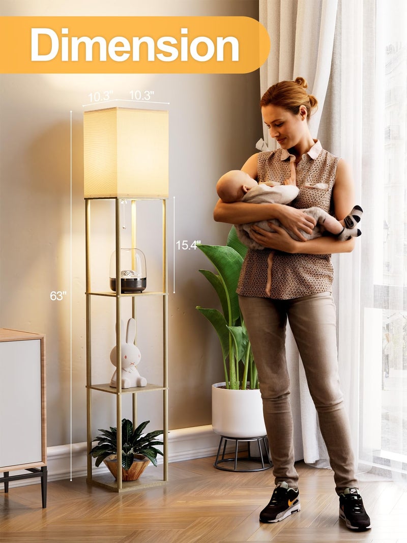 PARTPHONER Floor Lamp with Shelves for Living Room Natural Wood, Shelf Floor Lamp with 3 CCT LED Bulb, Corner Display Standing Column Lamp Etagere Organizer Tower Nightstand with White Linen Shade for Bedroom - Image 4