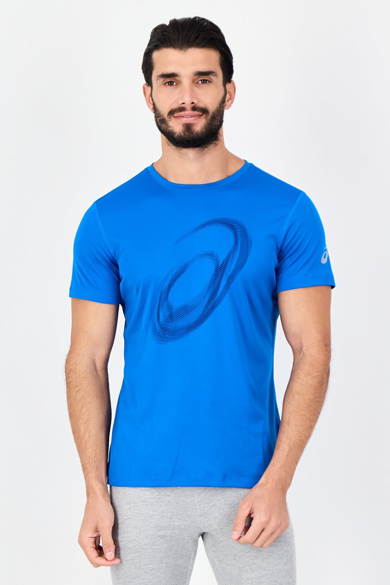 asics تي شيرت رياضي للرجال بأكمام قصيرة مناسب للجري، أزرق - Image 1
