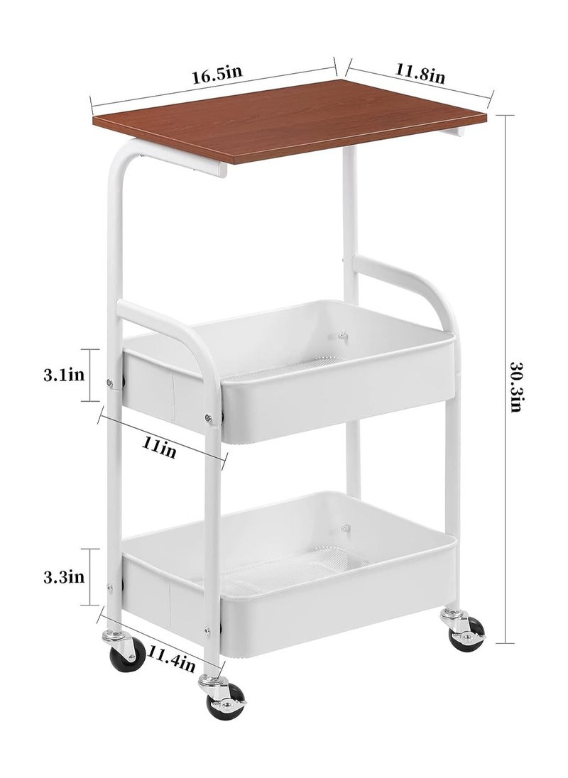 3-Tier metal rolling storage cart,with wooden table,multifunctional storage organizer storage cart for kitchen,bathroom,living room,office(white)