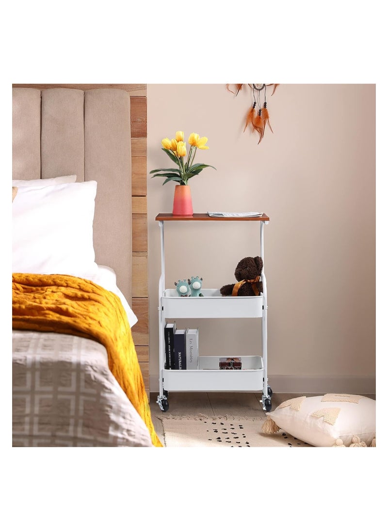 3-Tier metal rolling storage cart,with wooden table,multifunctional storage organizer storage cart for kitchen,bathroom,living room,office(white)