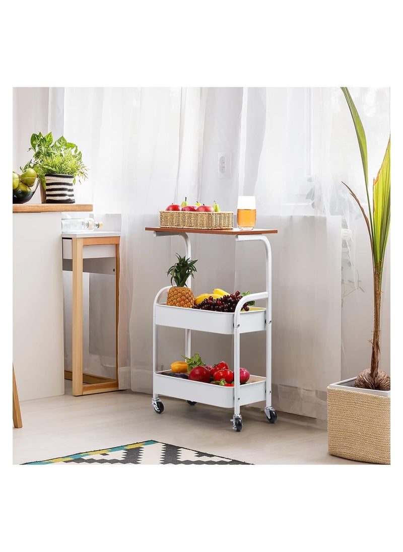 3-Tier metal rolling storage cart,with wooden table,multifunctional storage organizer storage cart for kitchen,bathroom,living room,office(white)
