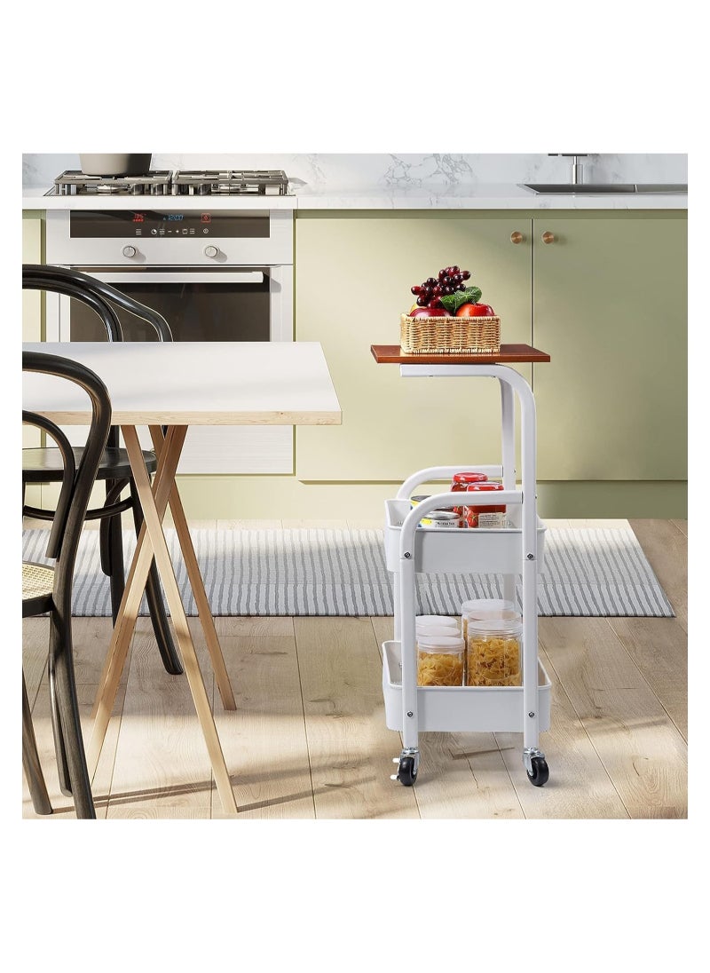 3-Tier metal rolling storage cart,with wooden table,multifunctional storage organizer storage cart for kitchen,bathroom,living room,office(white)