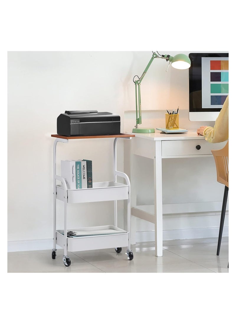 3-Tier metal rolling storage cart,with wooden table,multifunctional storage organizer storage cart for kitchen,bathroom,living room,office(white)