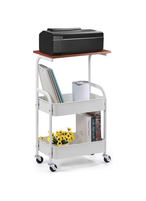 3-Tier metal rolling storage cart,with wooden table,multifunctional storage organizer storage cart for kitchen,bathroom,living room,office(white)