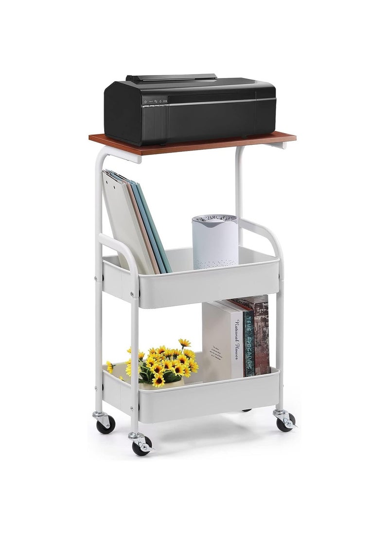 3-Tier metal rolling storage cart,with wooden table,multifunctional storage organizer storage cart for kitchen,bathroom,living room,office(white)