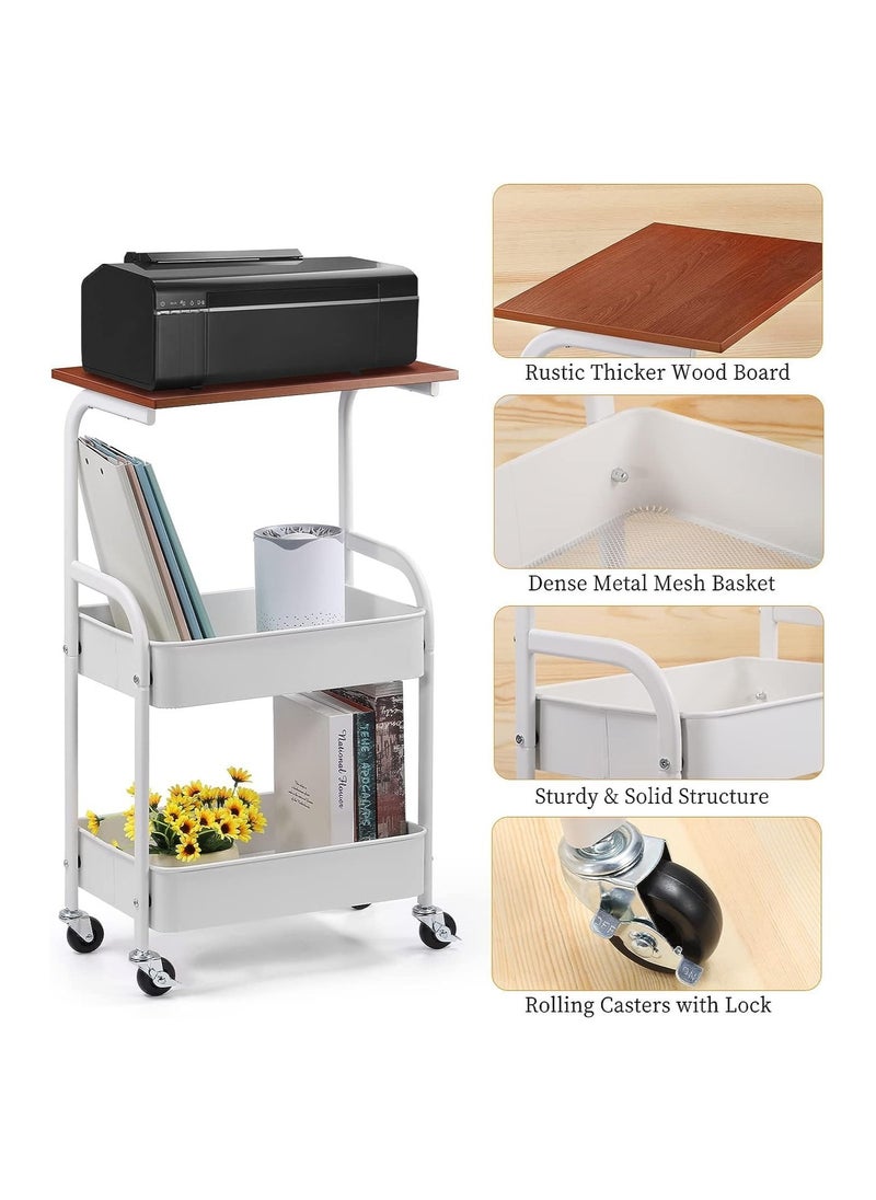 3-Tier metal rolling storage cart,with wooden table,multifunctional storage organizer storage cart for kitchen,bathroom,living room,office(white)