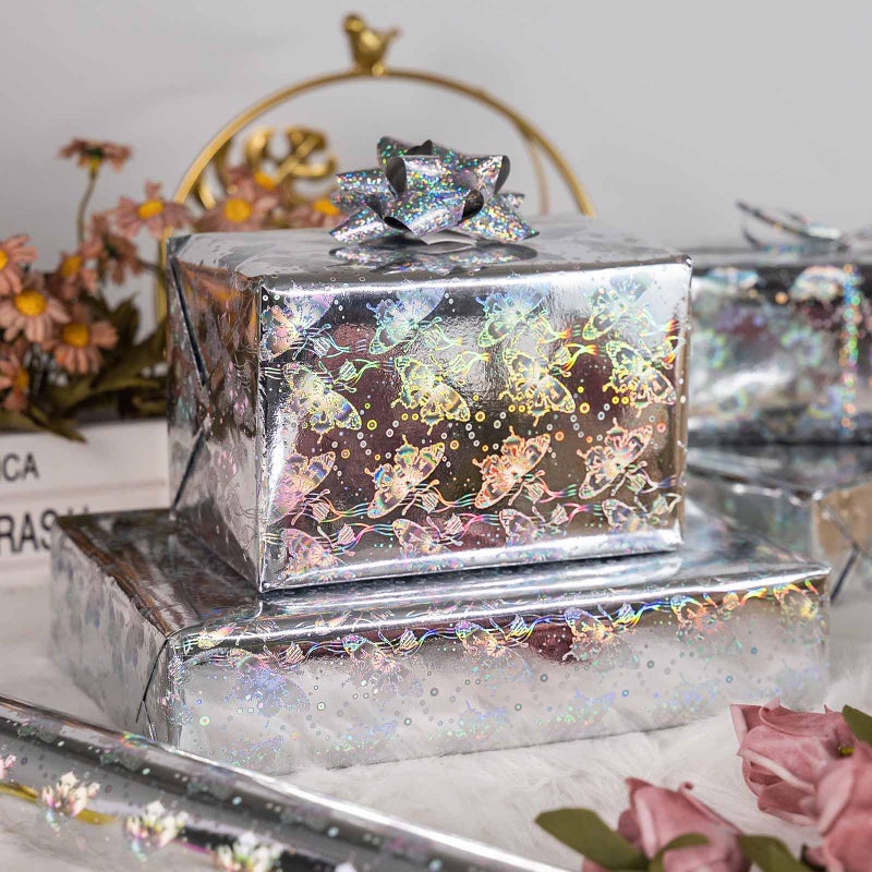 Merture 17 In X 32.8 Ft (46.5 sq.ft.) Metallic Silver Wrapping Paper Roll, Holographic Butterfly Gift Wrap for Wedding, Birthday, Christmas, Mother's Day, Bridal Shower - Image 2