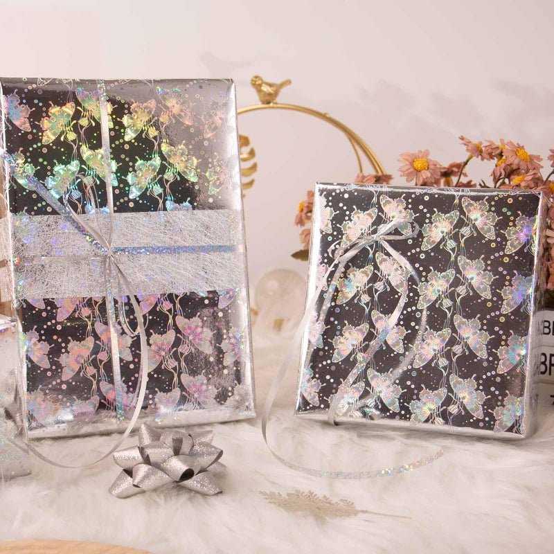 Merture 17 In X 32.8 Ft (46.5 sq.ft.) Metallic Silver Wrapping Paper Roll, Holographic Butterfly Gift Wrap for Wedding, Birthday, Christmas, Mother's Day, Bridal Shower - Image 4