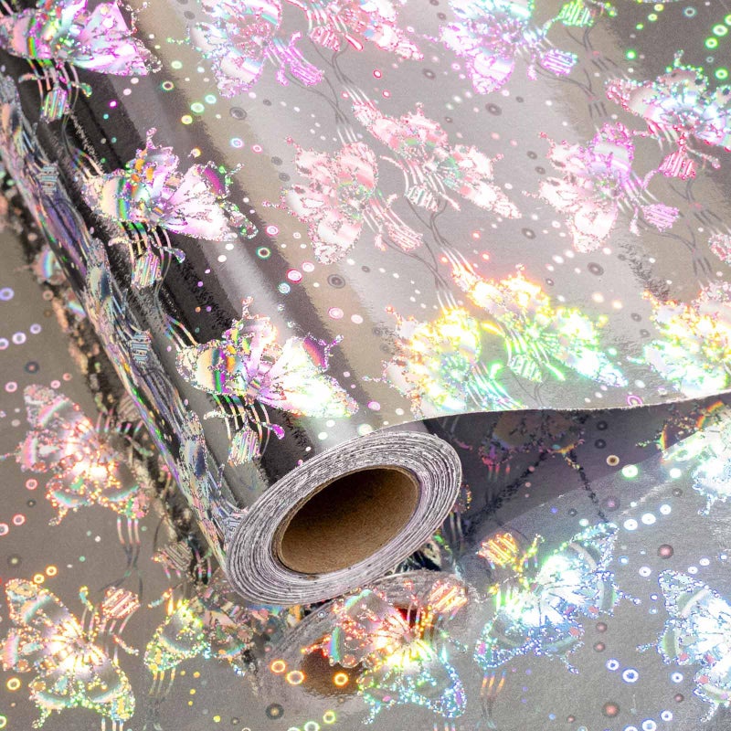 Merture 17 In X 32.8 Ft (46.5 sq.ft.) Metallic Silver Wrapping Paper Roll, Holographic Butterfly Gift Wrap for Wedding, Birthday, Christmas, Mother's Day, Bridal Shower - Image 1