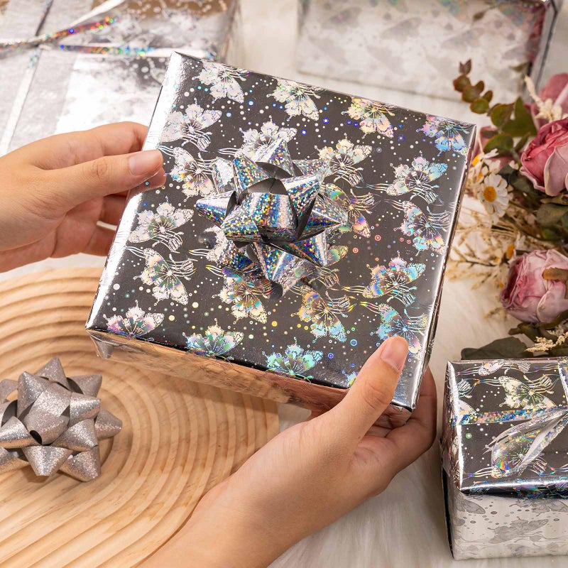 Merture 17 In X 32.8 Ft (46.5 sq.ft.) Metallic Silver Wrapping Paper Roll, Holographic Butterfly Gift Wrap for Wedding, Birthday, Christmas, Mother's Day, Bridal Shower - Image 5
