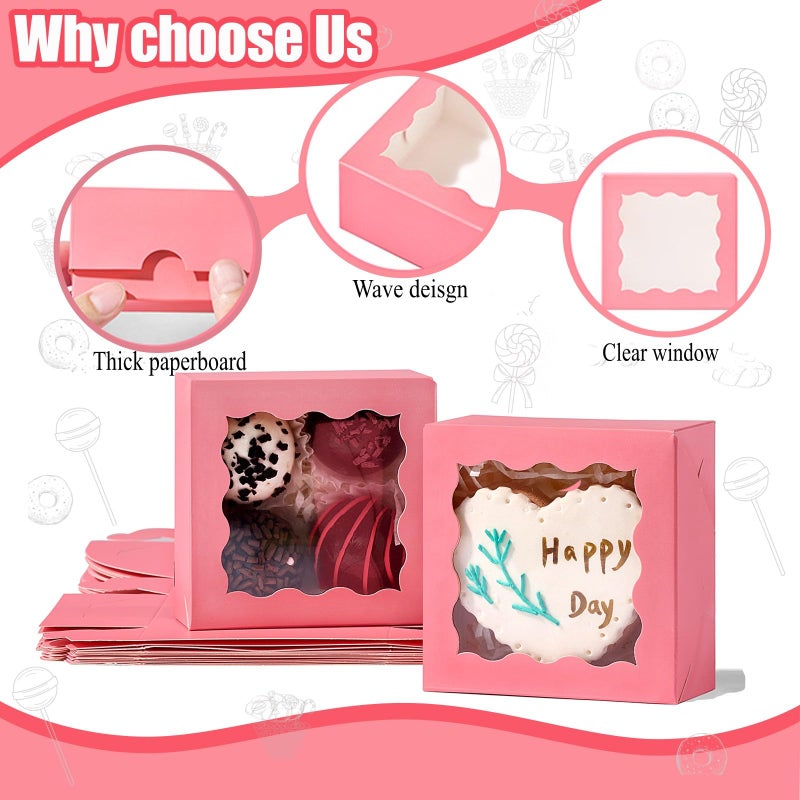 JCXGRVC 100 Pack 3.25x3.25x1.5 inches Pink Small Cookie Boxes with Window - Mini Cake Pie Macaron Donut Chocolate Truffle Treat Boxes for Valentine's Day Wedding&Birthday Party Favor - Image 3