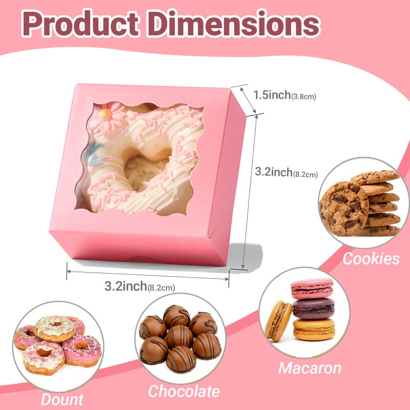 JCXGRVC 100 Pack 3.25x3.25x1.5 inches Pink Small Cookie Boxes with Window - Mini Cake Pie Macaron Donut Chocolate Truffle Treat Boxes for Valentine's Day Wedding&Birthday Party Favor - Image 2