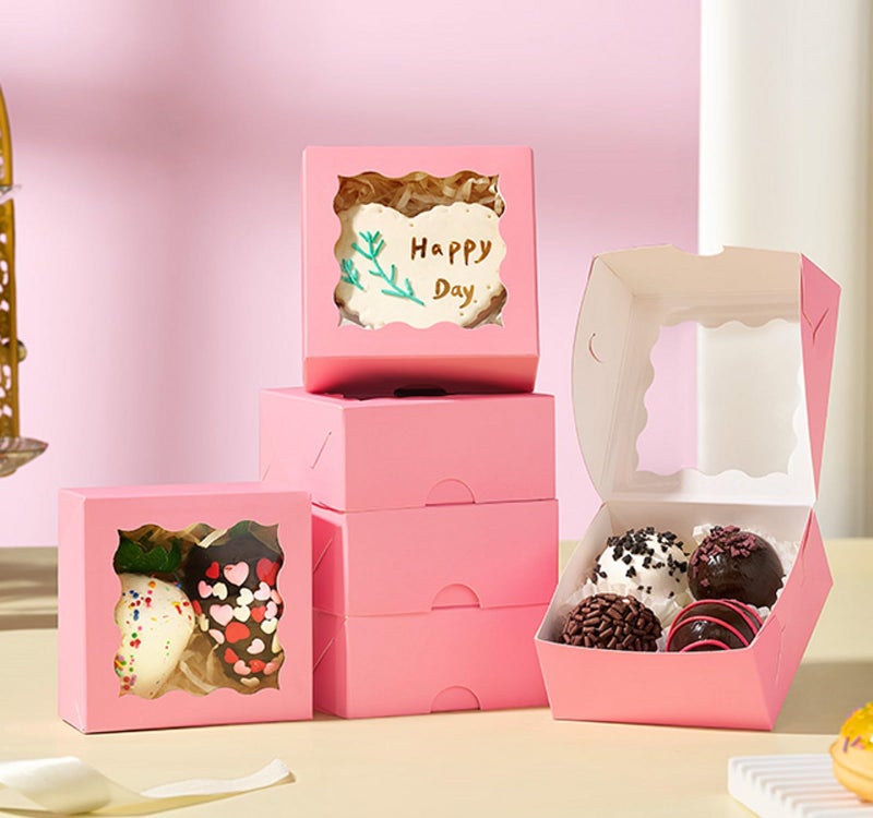 JCXGRVC 100 Pack 3.25x3.25x1.5 inches Pink Small Cookie Boxes with Window - Mini Cake Pie Macaron Donut Chocolate Truffle Treat Boxes for Valentine's Day Wedding&Birthday Party Favor - Image 5