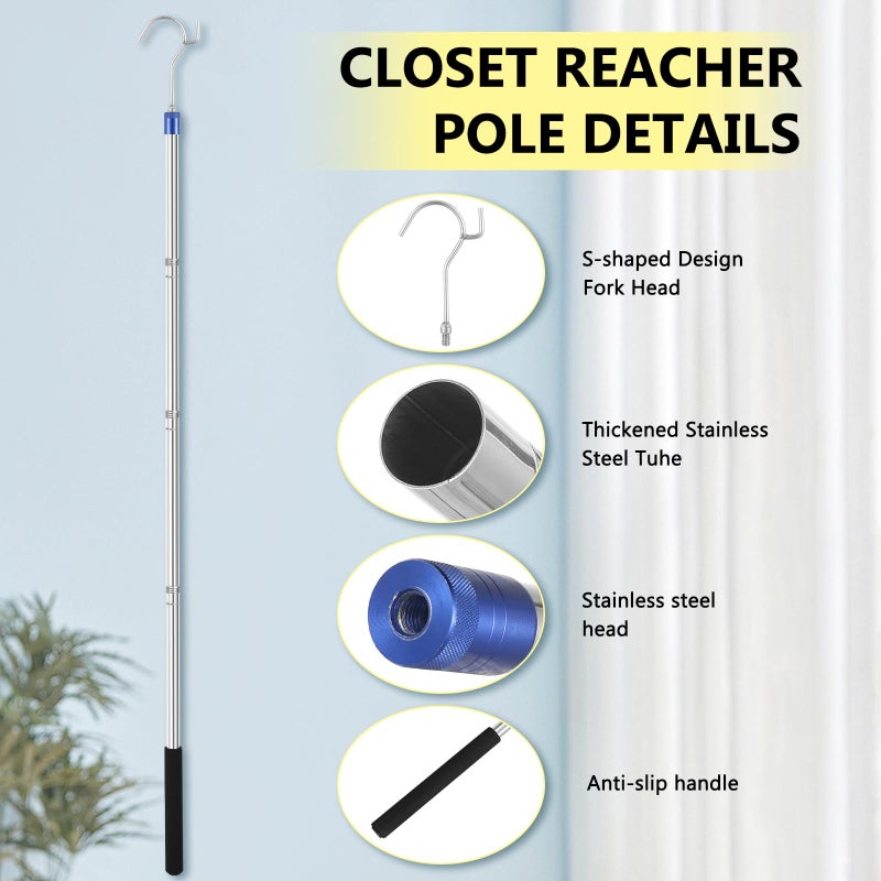Woxnoc Clothes Hook Pole, Clothes Hanger Reaching Hook - Extendable 35" to 78" Stainless Steel Pole with Sponge Handle, Ideal for Hanging Clothes, Lights & Plants - Image 3