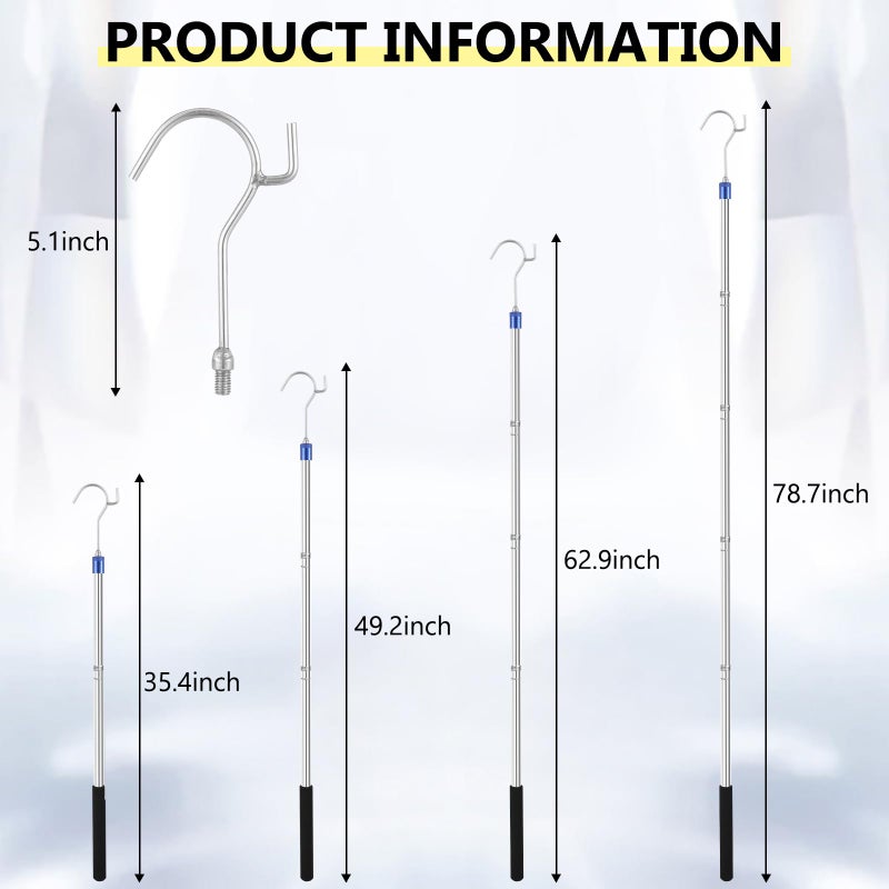Woxnoc Clothes Hook Pole, Clothes Hanger Reaching Hook - Extendable 35" to 78" Stainless Steel Pole with Sponge Handle, Ideal for Hanging Clothes, Lights & Plants - Image 2