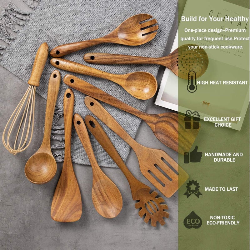 ADT 10 Pack Wooden Spoons for Cooking, Teak Wood Kitchen Utensils Set for Non Stick Use, Spatula Set for Stirring, Baking, Non Stick Wooden Utensils for Kitchen - Image 2