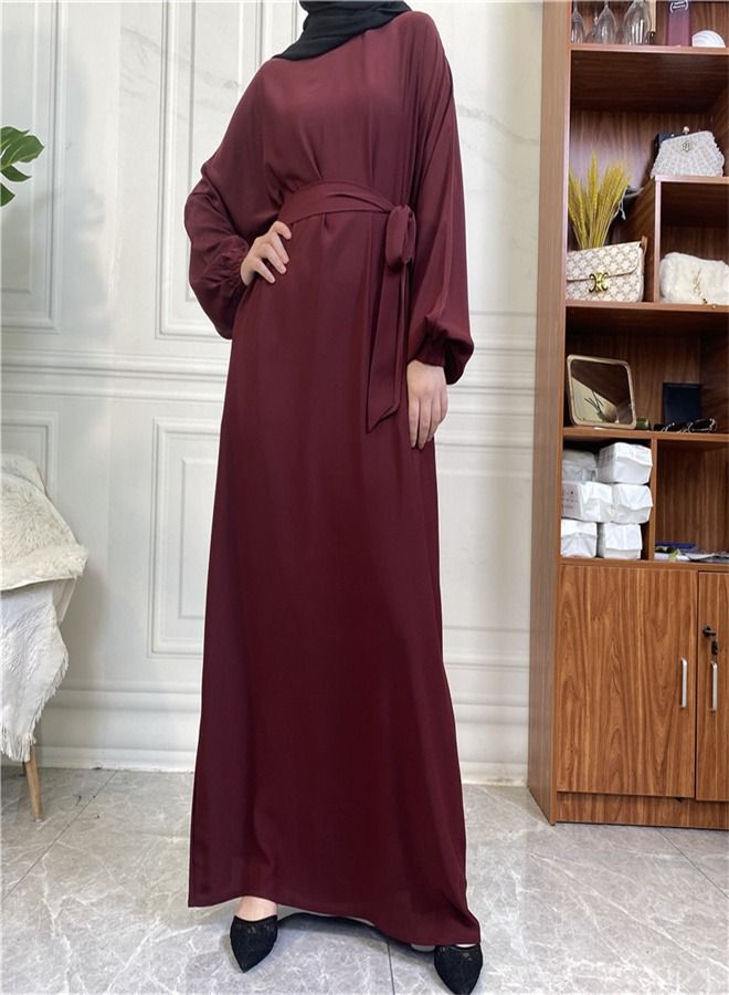 Loquat Casual Elegant Lace-Up Dress Abaya Red  - Image 3