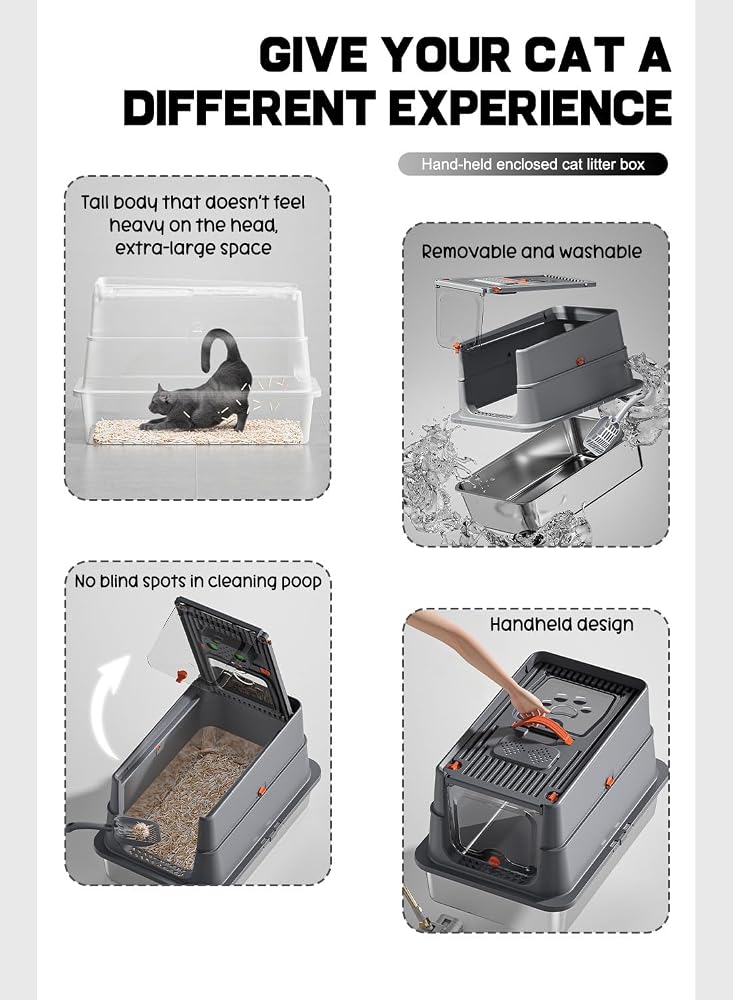 Sharpdo Stainless Steel Cat Litter Box with Lid High Sides Metal Cat Litter Box Non-Stick Odor Free (Dark Grey) - Image 3