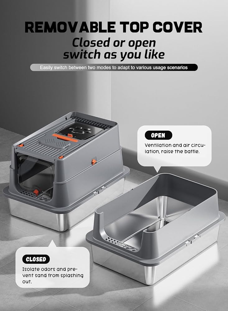 Sharpdo Stainless Steel Cat Litter Box with Lid High Sides Metal Cat Litter Box Non-Stick Odor Free (Dark Grey) - Image 5
