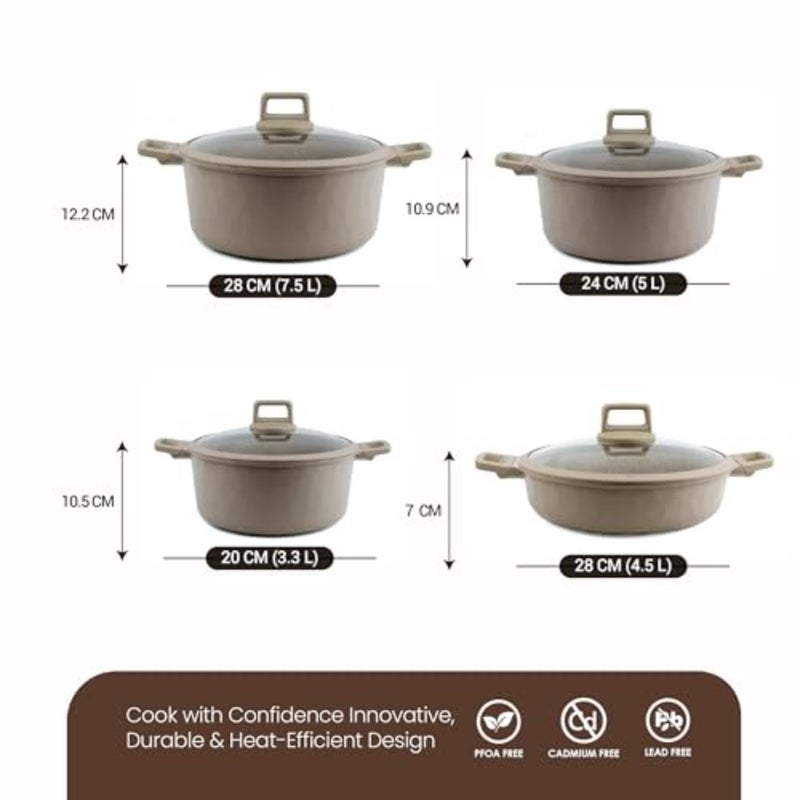MILAN SERIES 8PCS Titanium Granite Coating Non-Stick Induction Cookware Set for Home Cooking - Brown, PFOA-Free - Image 2
