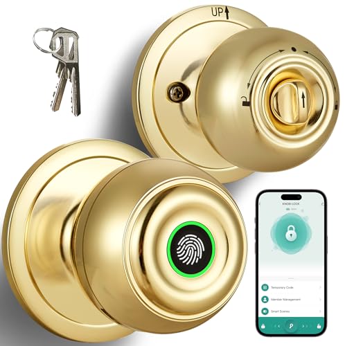KLLOQUE Fingerprint Door Lock, Smart Fingerprint Door Knob with Locks, Biometric Door Lock with App Control & Key, Keyless Thumbprint Entry Door Locks for Bedrooms, Front Door, Home, Apartment Office-Brass - Image 1