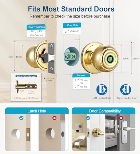 KLLOQUE Fingerprint Door Lock, Smart Fingerprint Door Knob with Locks, Biometric Door Lock with App Control & Key, Keyless Thumbprint Entry Door Locks for Bedrooms, Front Door, Home, Apartment Office-Brass - Image 5