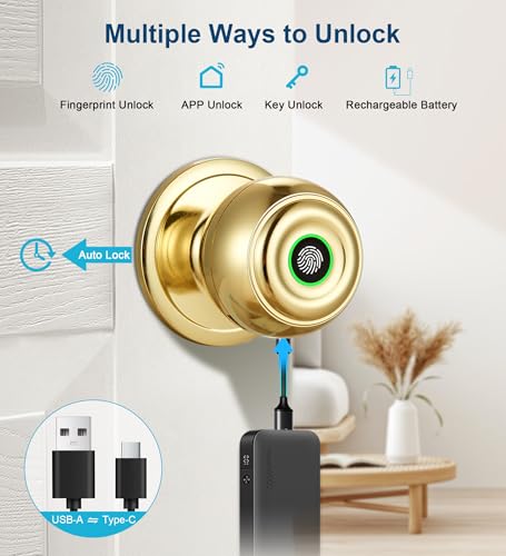 KLLOQUE Fingerprint Door Lock, Smart Fingerprint Door Knob with Locks, Biometric Door Lock with App Control & Key, Keyless Thumbprint Entry Door Locks for Bedrooms, Front Door, Home, Apartment Office-Brass - Image 2