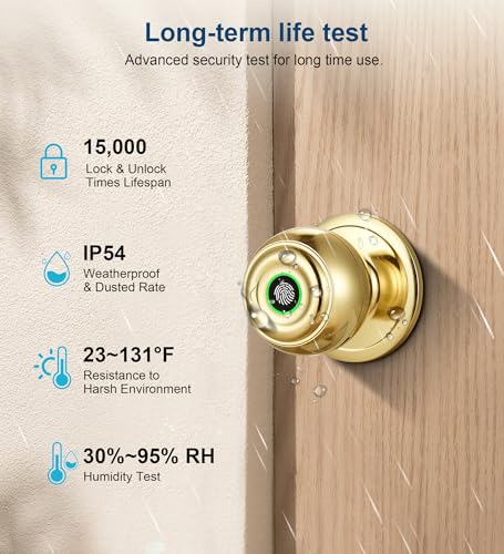 KLLOQUE Fingerprint Door Lock, Smart Fingerprint Door Knob with Locks, Biometric Door Lock with App Control & Key, Keyless Thumbprint Entry Door Locks for Bedrooms, Front Door, Home, Apartment Office-Brass - Image 3