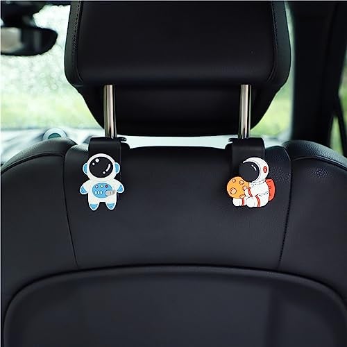 wolpin Car Backseat Headrest Hooks (Pack of 2) | Hangers for Handbags, Groceries, Keys & Wallets | Universal Durable Organizer Space Saver (Astronaut Design, Black) - Image 2