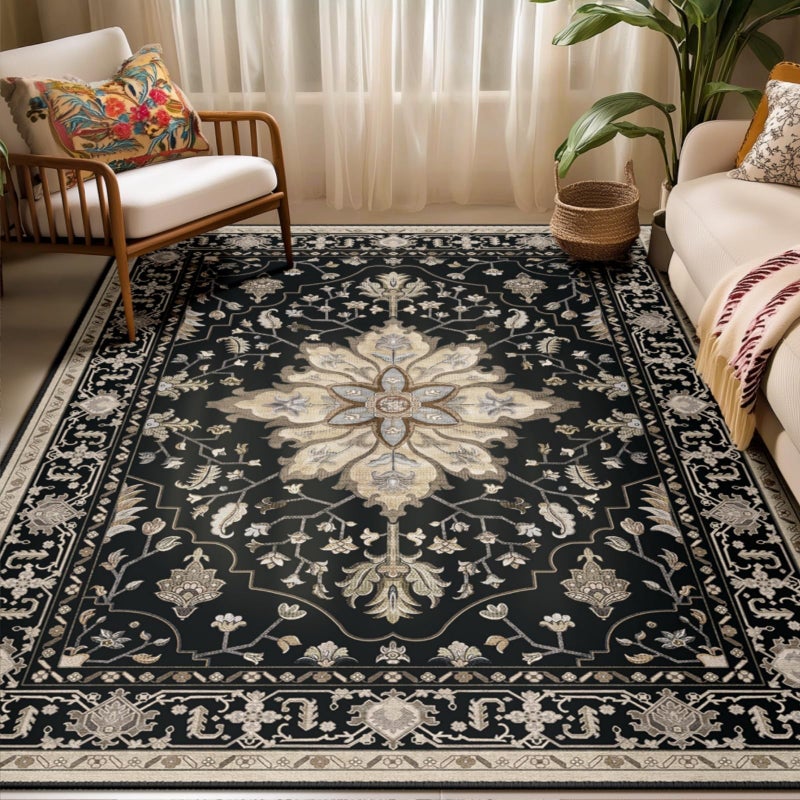 RELEANY سجاد RELEANY بمساحة 5'x7' قابل للغسل وغير قابل للانزلاق، نمط طباعة زهور عتيق متآكل بسماكة ميدالية لغرفة المعيشة وغرفة النوم وغرفة الطعام، أسود بني محايد بني داكن - Image 1