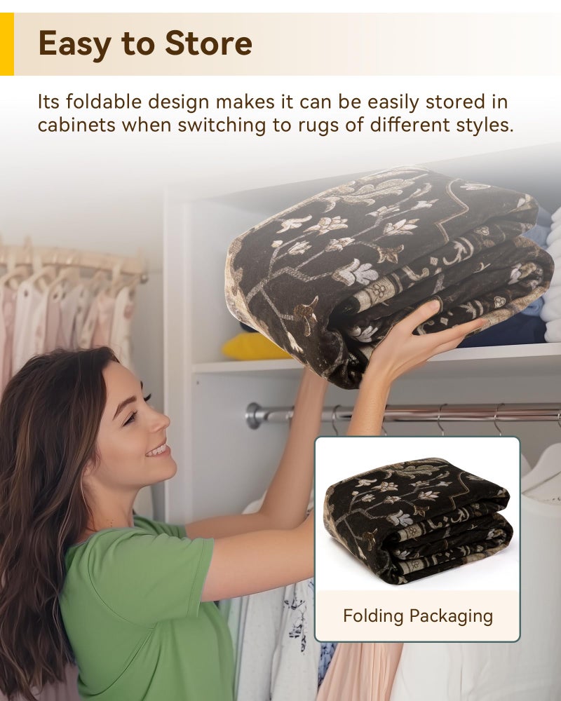 RELEANY سجاد RELEANY بمساحة 5'x7' قابل للغسل وغير قابل للانزلاق، نمط طباعة زهور عتيق متآكل بسماكة ميدالية لغرفة المعيشة وغرفة النوم وغرفة الطعام، أسود بني محايد بني داكن - Image 5