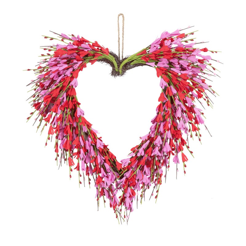 U'Artlines 18 Inch Valentineâ€™s Day Wreath, Pink Red Forsythia Flower Heart Shaped Door Wreath with Cute Berries for Valentineâ€™s Day Gift Wedding Anniversary Festival Front Door Wall Decor - Image 1
