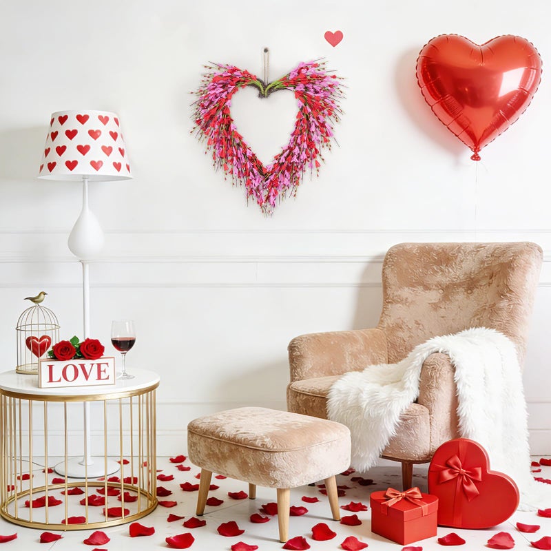 U'Artlines 18 Inch Valentineâ€™s Day Wreath, Pink Red Forsythia Flower Heart Shaped Door Wreath with Cute Berries for Valentineâ€™s Day Gift Wedding Anniversary Festival Front Door Wall Decor - Image 5