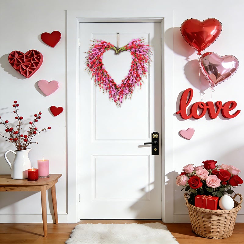 U'Artlines 18 Inch Valentineâ€™s Day Wreath, Pink Red Forsythia Flower Heart Shaped Door Wreath with Cute Berries for Valentineâ€™s Day Gift Wedding Anniversary Festival Front Door Wall Decor - Image 3