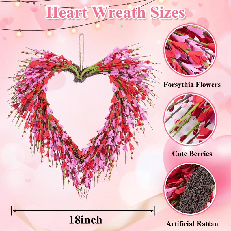 U'Artlines 18 Inch Valentineâ€™s Day Wreath, Pink Red Forsythia Flower Heart Shaped Door Wreath with Cute Berries for Valentineâ€™s Day Gift Wedding Anniversary Festival Front Door Wall Decor - Image 4
