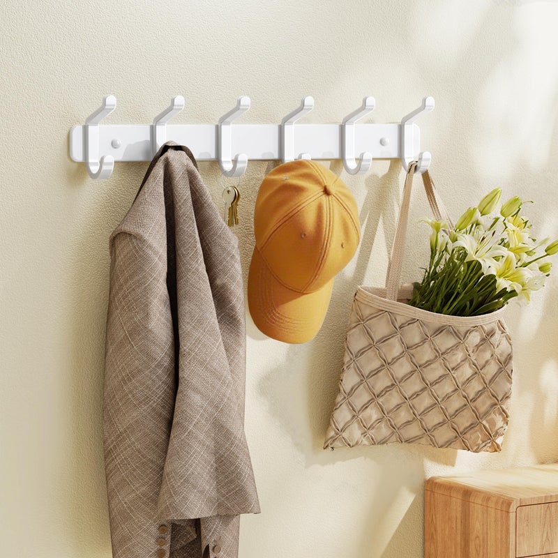 pickpiff Coat Rack Wall Mounted Heavy-Duty: Metal Coat Hanger 6 Hooks for Hanging Hat, Clothes, Robe, Keys, Backpack, Bathroom Towels, Jacket, Purse - Closet, Door, Entryway, Mudroom (White, 1 Pack) - Image 2