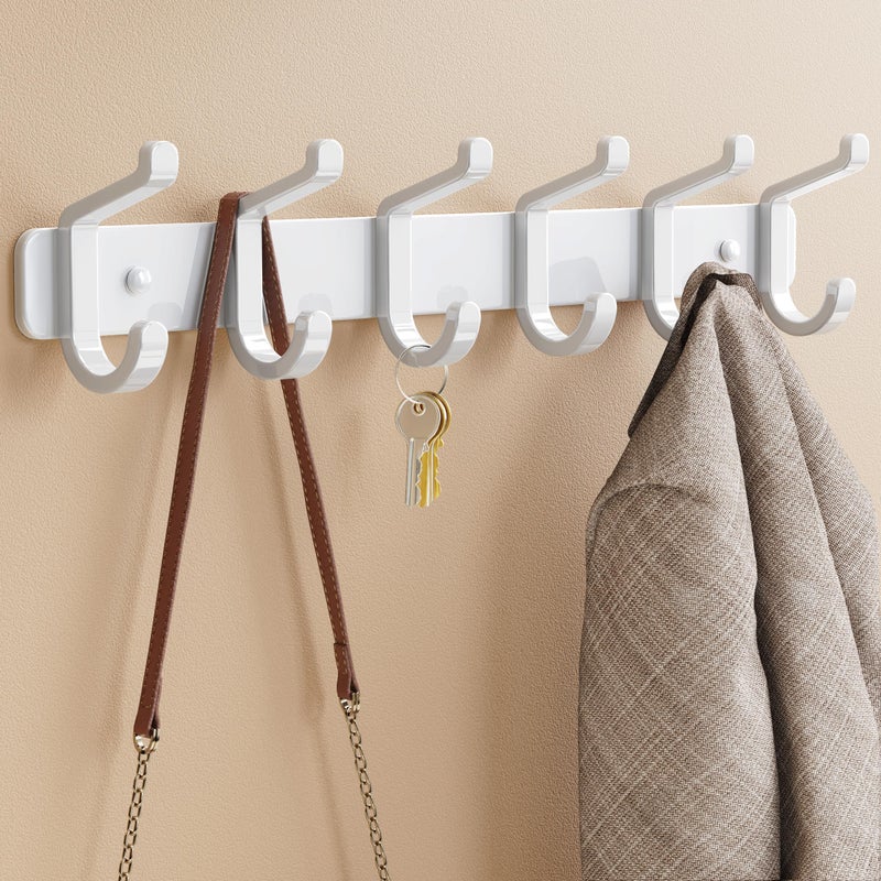 pickpiff Coat Rack Wall Mounted Heavy-Duty: Metal Coat Hanger 6 Hooks for Hanging Hat, Clothes, Robe, Keys, Backpack, Bathroom Towels, Jacket, Purse - Closet, Door, Entryway, Mudroom (White, 1 Pack) - Image 1