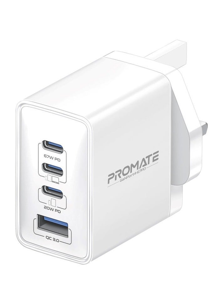 Promats Promate GaN Port4-67PD Power Delivery GaNFast™ Charger – 67W Multi-Port Fast Charger with USB-C & USB-A, Quick Charge 3.0 Support, Compact GaN Technology, Safe & Efficient Charging for Smartphones, Laptops, Tablets, Compatible with USB-C Devices  - Image 1