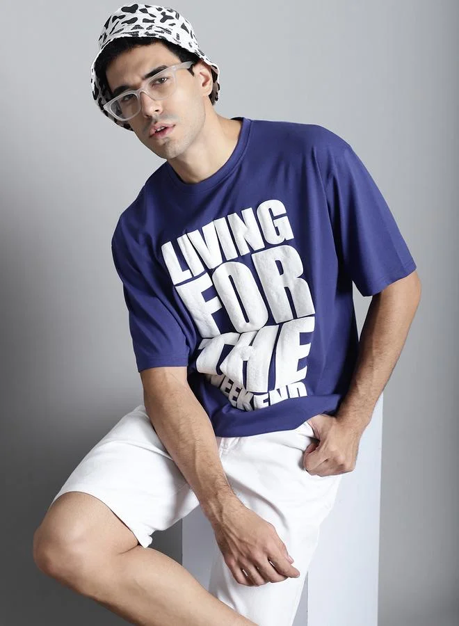 Styli Men Navy Blue Oversized Slogan Print T-Shirt By Door74