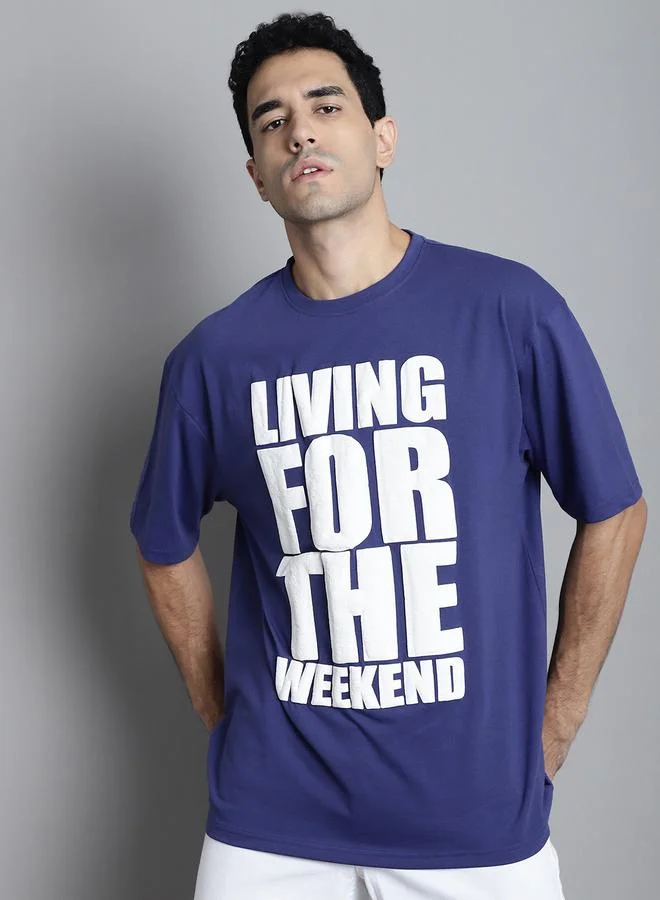 Styli Men Navy Blue Oversized Slogan Print T-Shirt By Door74