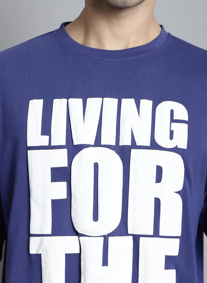 Styli Men Navy Blue Oversized Slogan Print T-Shirt By Door74