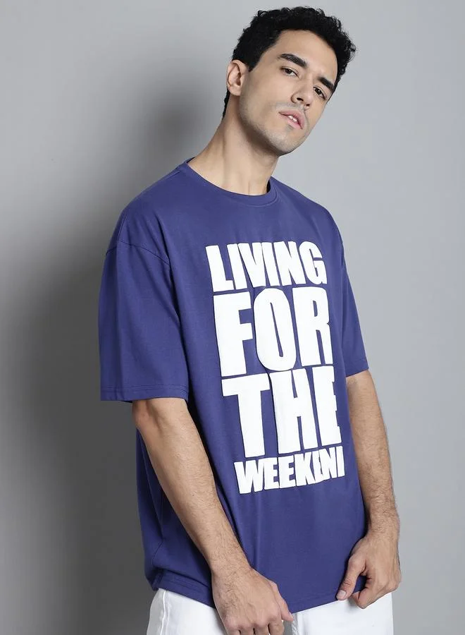 Styli Men Navy Blue Oversized Slogan Print T-Shirt By Door74