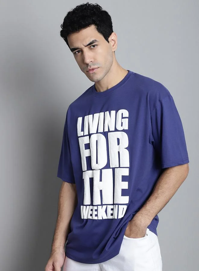 Styli Men Navy Blue Oversized Slogan Print T-Shirt By Door74