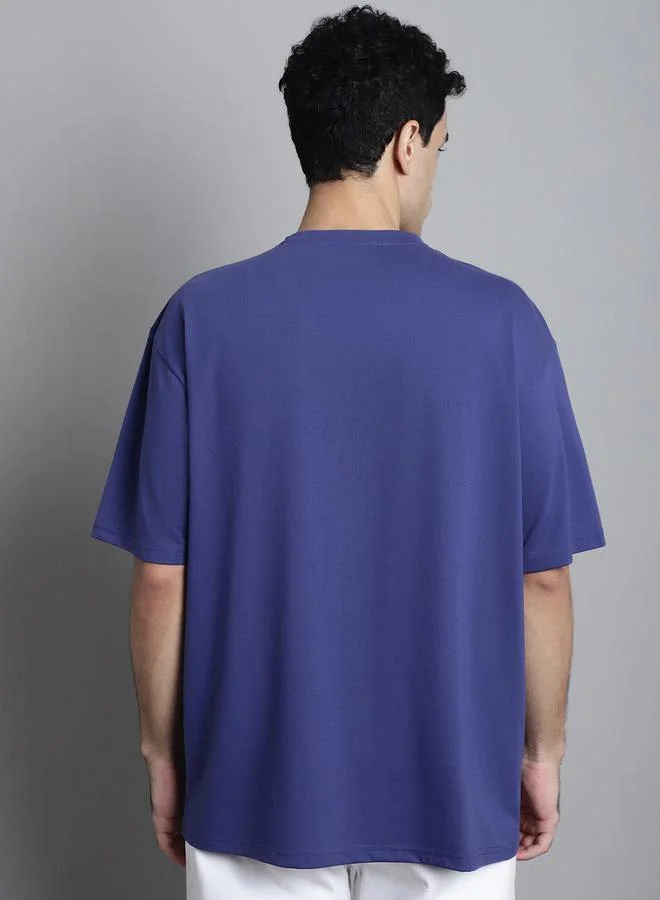 Styli Men Navy Blue Oversized Slogan Print T-Shirt By Door74