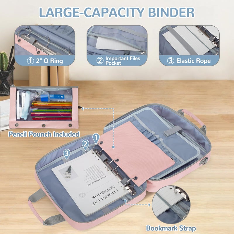 Yarwo 3 Ring Zipper Binder with Binder Pouch, Expanding File Organizer with Padded Sleeve Fit for 14 Inch Laptop, Portable Document Organizer Bag for Home, College, Office Supplies, Pink - Image 3