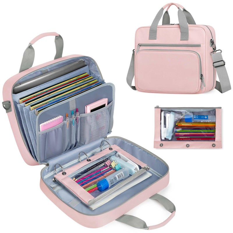 Yarwo 3 Ring Zipper Binder with Binder Pouch, Expanding File Organizer with Padded Sleeve Fit for 14 Inch Laptop, Portable Document Organizer Bag for Home, College, Office Supplies, Pink - Image 1